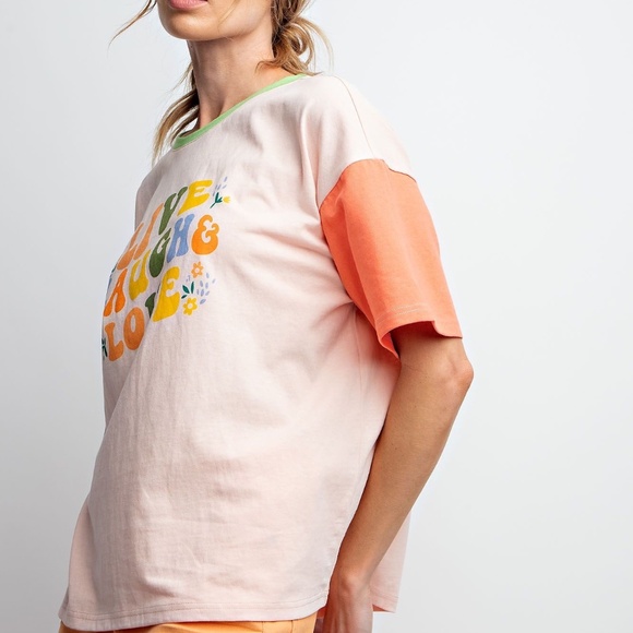 NEW EASEL LIVE LAUGH AND LOVE PRINT WASHED COTTON JERSEY TOP SHIRT SMALL PEACH - Picture 5 of 8